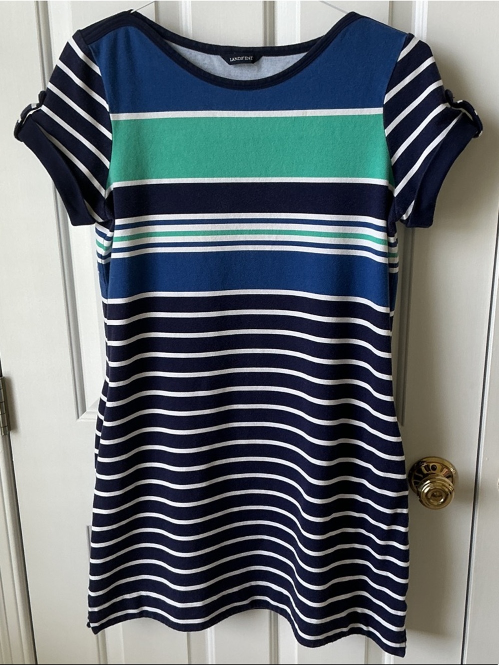 Lands' End Navy, Teal & White Striped  Ladies ' Casual Dress